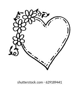 Hand drawn heart frame with doodle floral. Sketchy style.