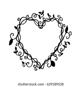 Hand drawn heart frame with doodle floral. Sketchy style.