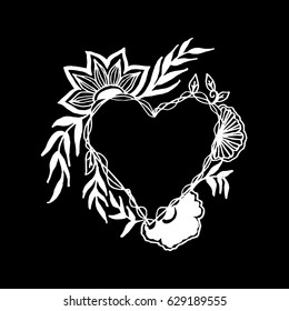 Hand drawn heart frame with doodle floral. Sketchy style.