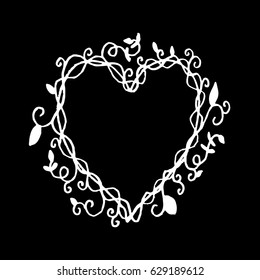 Hand drawn heart frame with doodle floral. Sketchy style.