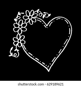 Hand drawn heart frame with doodle floral. Sketchy style.