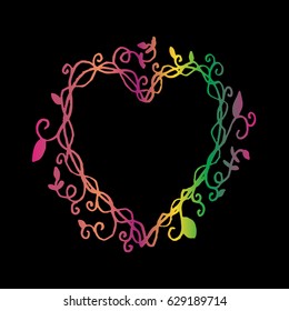 Hand drawn heart frame with doodle floral. Sketchy style.