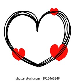 Hand drawn Heart frame and three red heart. Doodle heart vector illustration, Isolated on white background.