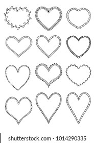 Hand drawn heart frames. Sketch for anti-stress adult coloring book. Set of heart icons. Vector illustration for design of a stickies, t-shirt, bag, cup.