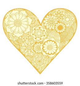 Hand drawn Heart of golden flower doodle background. Vector illustration