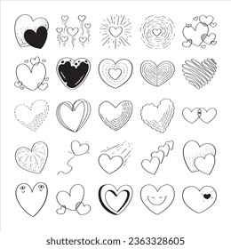 hand drawn heart icon set isolated on white background.