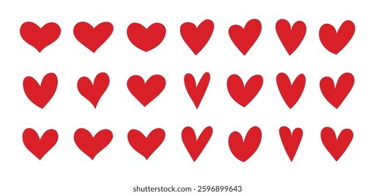 Hand drawn heart icon set in red color. Vector heart doodle set. Big set of hand drawn heart in red color for decoration vector illustration.