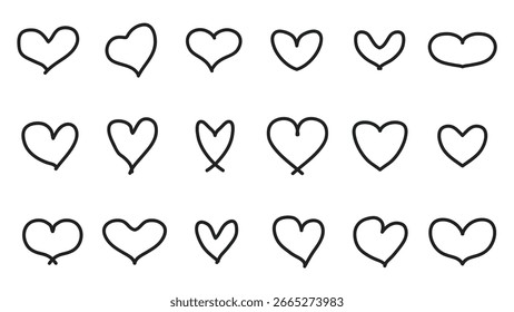 Hand drawn Heart icon set with different shapes, black outline hearts, each with a unique, slightly different design.