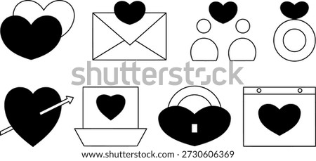 Hand drawn heart icon set. Love symbol, couple, message, lock, ring, and  calendar in black and white flat outline style for romance and relationship concepts. Vector illustration.