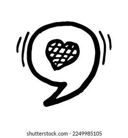 Hand drawn heart icon in speech bubble in vector. Doodle heart icon in text bubble illustration in vector. Hand drawn message bubble with heart
