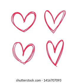 Hand drawn heart icons set, love symbol. Sketched doodles hearts collection.