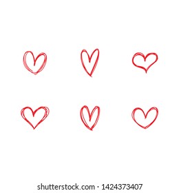 Hand drawn heart icons set, love symbol. Sketched doodles hearts collection.