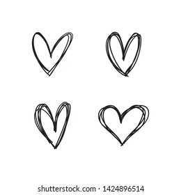 Hand drawn heart icons set, love symbol. Sketched doodles hearts collection.
