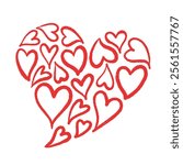 Hand drawn heart illustration icon. A big heart made of many hearts. Valentine image doodle.