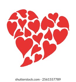 Hand drawn heart illustration icon. A big heart made of many hearts. Valentine image doodle.