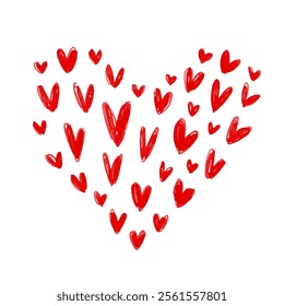 Hand drawn heart illustration icon. A big heart made of many hearts. Valentine image doodle.