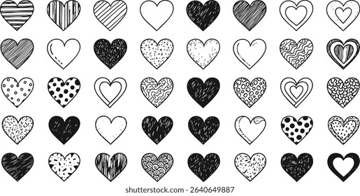 Hand drawn heart illustrations collection featuring diverse designs and artistic patterns arranged on a white background