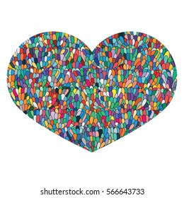 Hand drawn heart Isolated on white background. Love image. Doodle colorful heart with mosaic pattern. Template for card, prints, poster, souvenirs. Design element for Valentine's Day. Stock Vector.