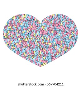 Hand drawn heart Isolated on white background. Love image. Doodle Cute colorful heart with mosaic pattern in pastel shades. Template for card, prints, poster, souvenirs. Design element for Valentine
