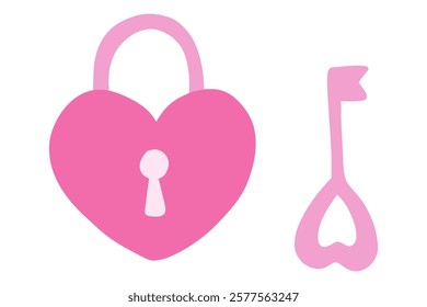 Hand drawn heart with key. Closed heart shaped lock. Doodle valentine's day illustration. Stock vector illustration isolated on white background.