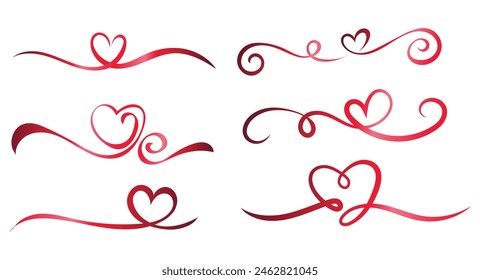 Concepto de arte de línea de corazón dibujado a mano. Cinta roja. Diseño decorativo de Ilustración vectorial