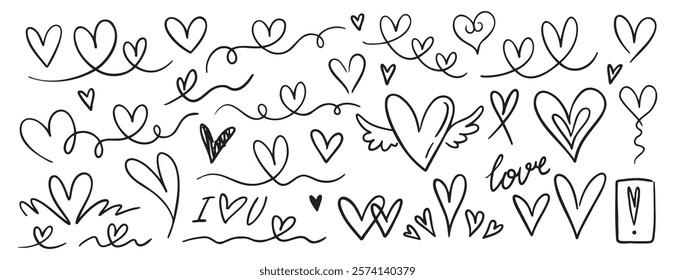 Hand drawn heart line elements set, outline love lines, isolated vector clip art collection. Vector illustration
