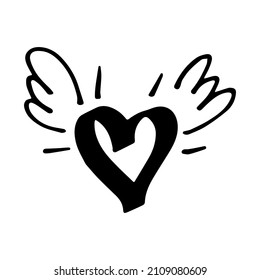 Hand drawn heart with little wing. Symbol of love. Doodle style Valentine's day illustration. Vector.