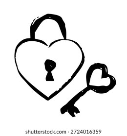 Bloqueio de coração desenhado à mão com esboço chave em estilo de tinta preta. Ilustração de doodle brincalhão para temas do Dia dos Namorados, mensagens de amor, designs românticos, cartões de felicitações, adesivos e decorações de férias