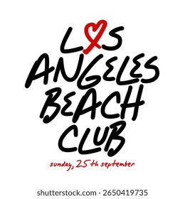 desenho à mão coração com los angeles praia clube slogan tipografia vetor ilustração, para t-shirt gráfico.