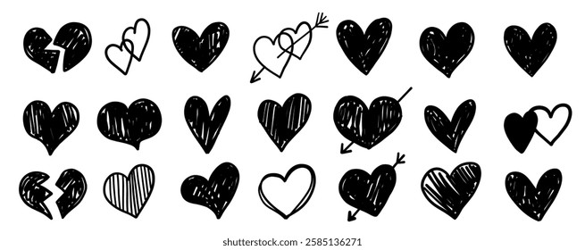 Hand drawn heart love ink sketch set. Valentine's Day letter stamp chalk crayon pencil elements.