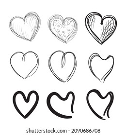 Hand drawn heart. Love shape doodle symbol, scribble heart vector icon, wedding sketched silhouette, vintage freehand drawing set