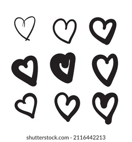 La mano atrajo el corazón. Símbolo del doodle de forma de amor, icono del vector del corazón garabateado, silueta esbozada de bodas, conjunto de dibujo de la vintage frehand