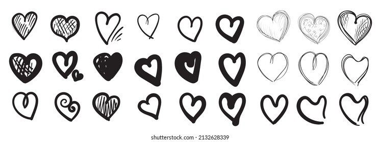 Hand drawn heart. Love shape doodle symbol, scribble heart vector icon, wedding sketched silhouette, vintage freehand drawing set