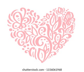 Hand drawn heart love valentine flowers separator. Calligraphy designer elements flora. Vector vintage wedding illustration Isolated on white background frame, hearts for your design