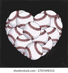 Corazón dibujado a mano hecho de pelotas de béisbol con costuras rojas sobre un fondo oscuro, para los amantes del béisbol, amantes del deporte, mostrando trabajo en equipo y pasión.
