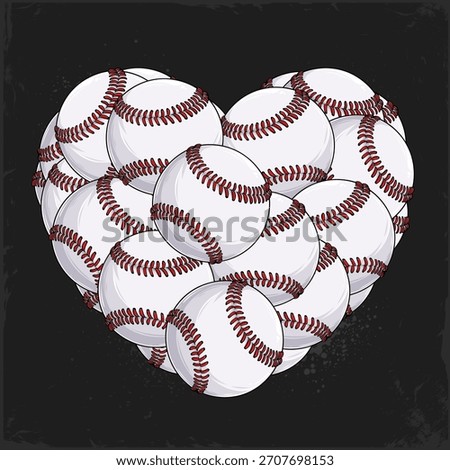 Hand drawn heart made of baseballs with red stitching over a dark background, for baseball lovers, sport lovers, showing teamwork and passion.