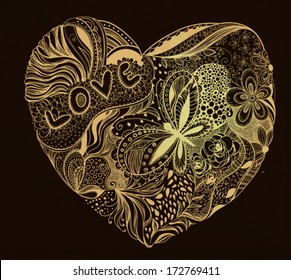 Hand - drawn heart made of flowers, petals, butterflies, leaves and patterns, letters love, Valentine day illustration
