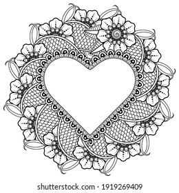 Hand drawn heart with mehndi flower. decoration in ethnic oriental, doodle ornament.