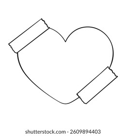Hand drawn heart memo paper sheet, sticky note, reminder, to do list, sticky tape. Bullet journal elements in line art doodle style.