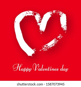 Hand drawn heart on red background. White grunge doodle heart with shadow. Romantic love symbol. Vector illustration.