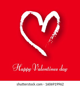 Hand drawn heart on red background. White grunge doodle heart with shadow. Romantic love symbol. Vector illustration.