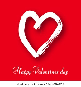 Hand drawn heart on red background. White grunge doodle heart with shadow. Romantic love symbol. Vector illustration.