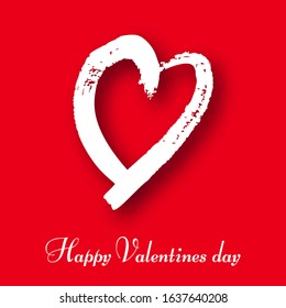 Hand drawn heart on red background. White grunge doodle heart with shadow. Romantic love symbol. Vector illustration.