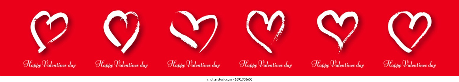 La mano dibujó el corazón en el fondo rojo. Conjunto de seis corazones de garabatos blancos con sombra. Símbolo romántico de amor. Ilustración vectorial.