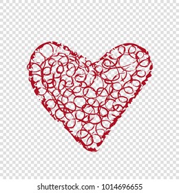 Hand drawn heart on transparent background, happy valentines day, red vector illustration. Cute love wallpaper. Abstract design, romantic holiday decoration