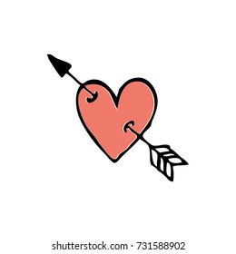 Hand drawn heart pierced with an arrow. Love symbol. Vector illustration.