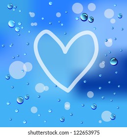 Hand drawn heart and raindrops on glass