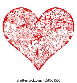 Hand drawn Heart of red flower doodle background. Vector illustration