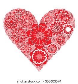 Hand drawn Heart of red flower doodle background. Vector illustration