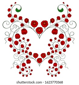 A hand drawn heart with red flowers and flourishes.
Decorative vintage image with romantic heart shape and hand drawn floral elements for decoration greeting cards. Symbol of Valentine’s day and love.